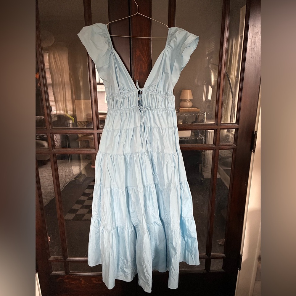 Storia Blue Sundress with Plunge Neckline and Flutter Sleeves